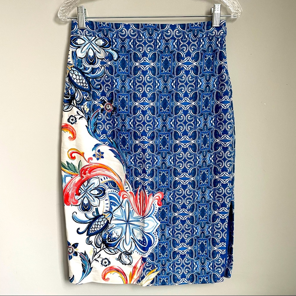 Anthropologie (Moulinette Soeurs) Blue & Peach Floral Long Pencil Skirt